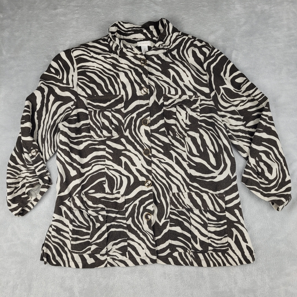 Chico's Women's Top Blouse Shirt Buton Up Linen Blend Zebra Print Size 2 US L